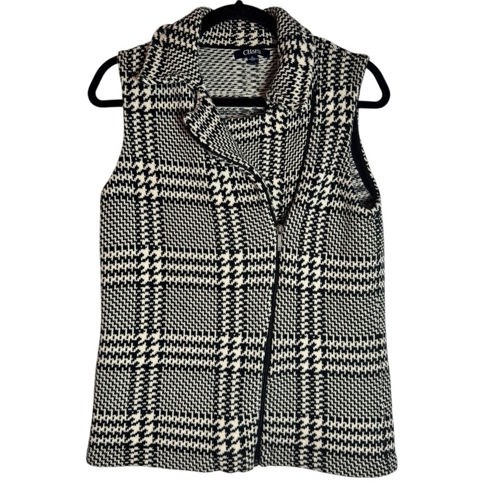 Chaps Women’s Black and White Plaid Zip Up Houndstooth Medium Sweater Vest